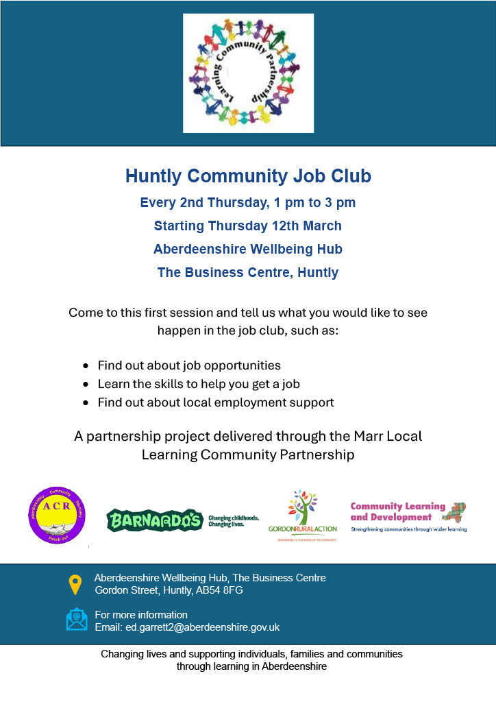 Huntly Community Job Club Poster including partners' logos.
