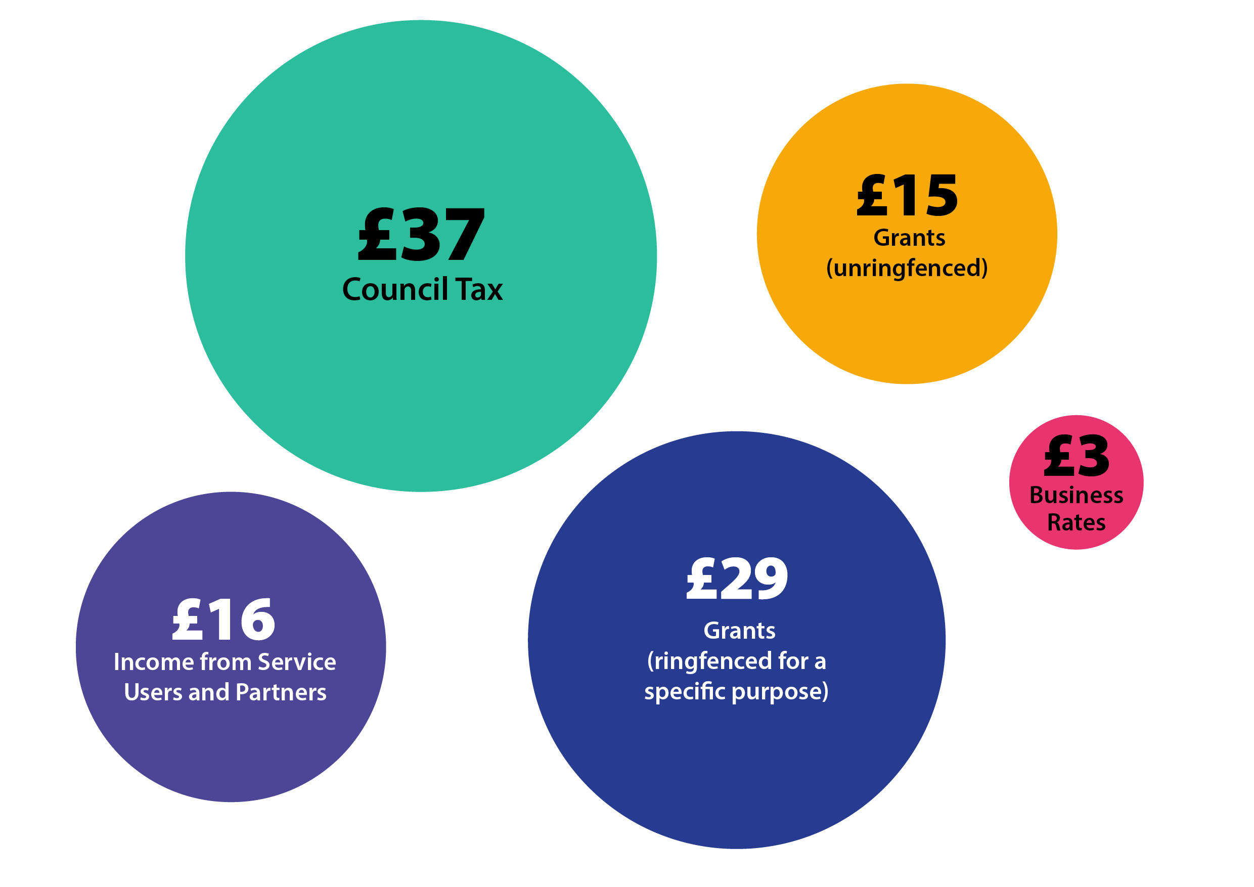 £37 Council Tax, £29 Grants (ringfenced for a specific purpose), £16 Income from Service Users and Partners, £15 Grants (unringfenced), £3 Business Rates