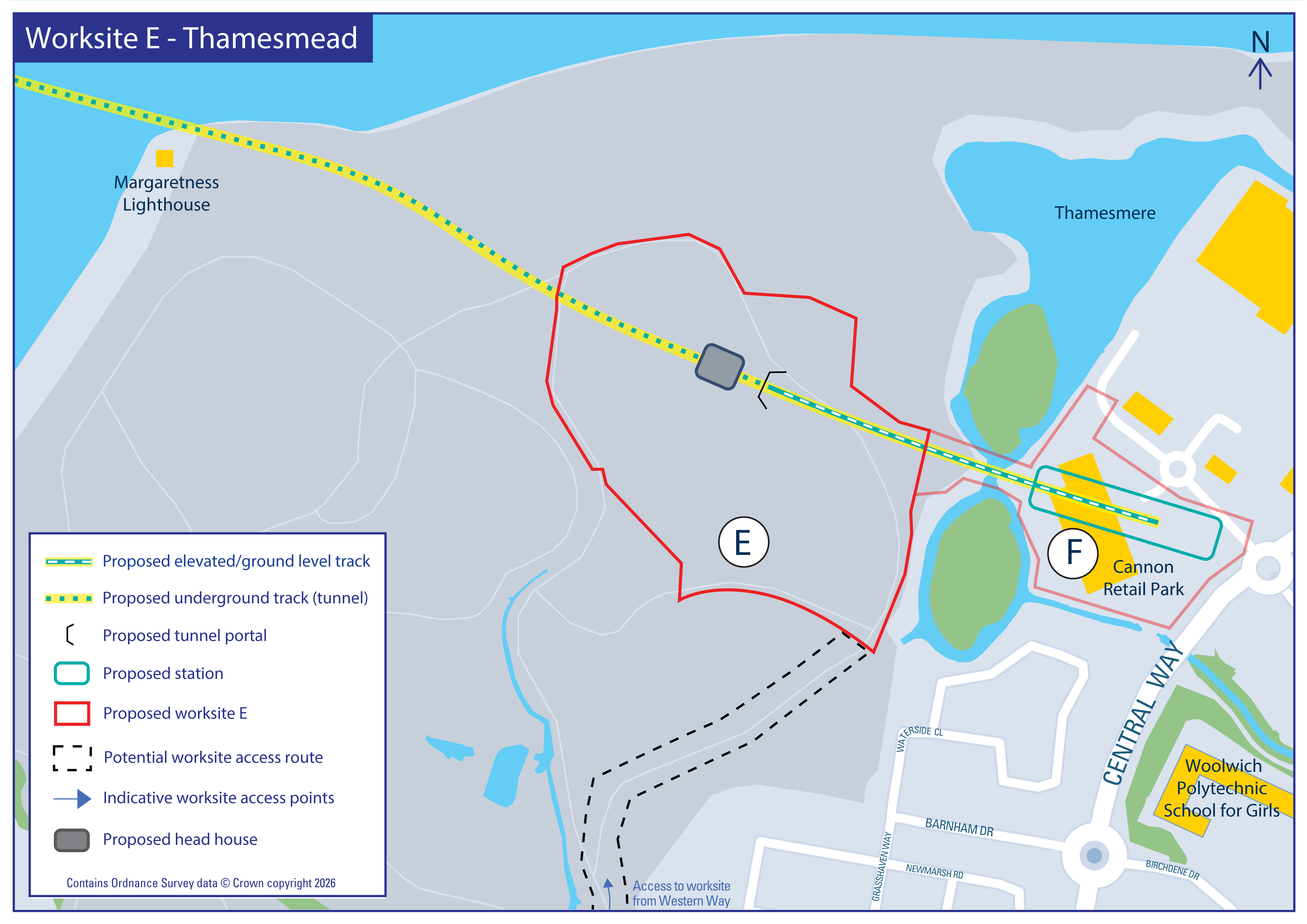 Map showing proposed Worksite E and DLR route through Thamesmead