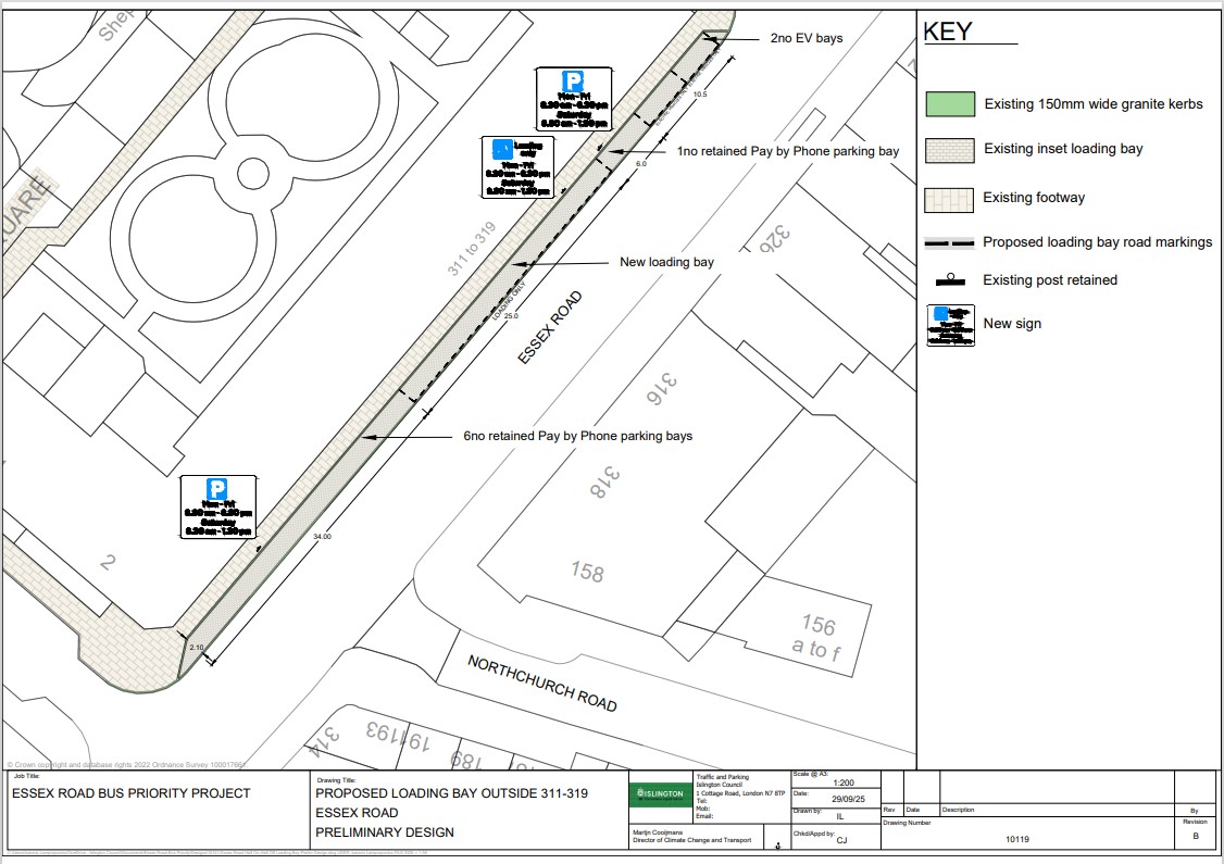 This drawing is the council's proposal for a new loading bay on Essex Road. The bay would require the removal of approximately five pay by phone parking spaces. The proposed loading bay will be used for business loading only between the operation hours of Monday to Friday: 8:30am to 6:30pm and Saturday: 08:30am to 1:30pm.