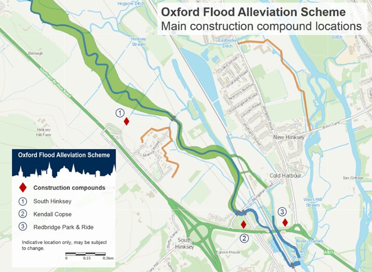 Map showing the locations of the main construction compounds for the Oxford Flood Alleviation Scheme. These compounds are located in South Hinksey, Kendall Copse, and Redbridge Park & Ride.