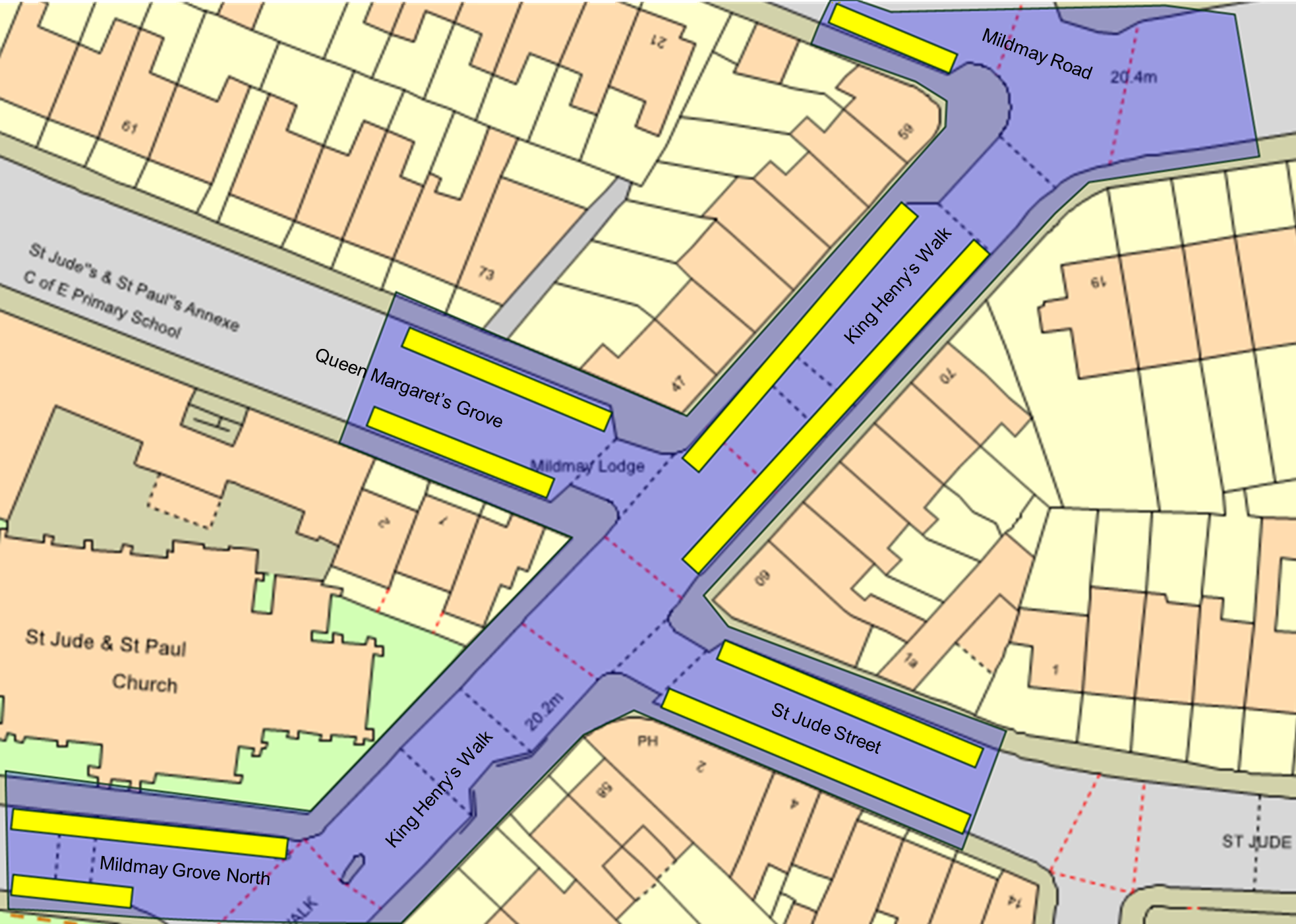 Map image showing King Henry's Walk transformation scheme impacted area and changes to parking spaces on King Henry's Walk between Mildmay Road and the railway bridge