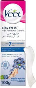 Veet Silky Fresh Hair Removal Cream Violet Blossom Scent with Aloe Vera for Sensitive Skin 100g Veet Silky Fresh Hair Removal Cream Violet Blossom Scent with Aloe Vera for Sensitive Skin 100g