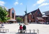 Woking Town Square showing War Memorial and Christ Church, Woking, Surrey, England, United Kingdom