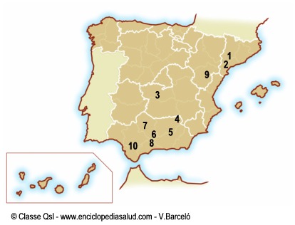 Mapa de España con denominaciones de origen del aceite de oliva