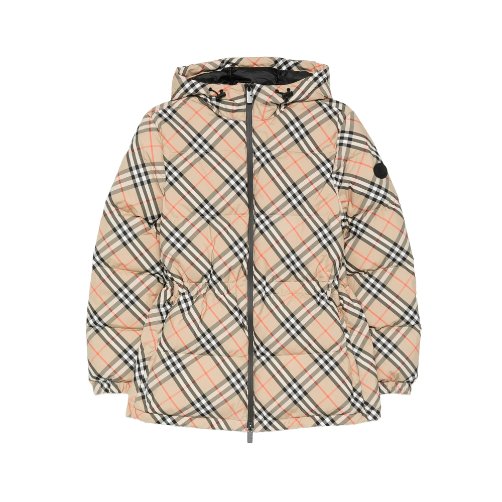 Check Nylon Hooded Puffer Jacket