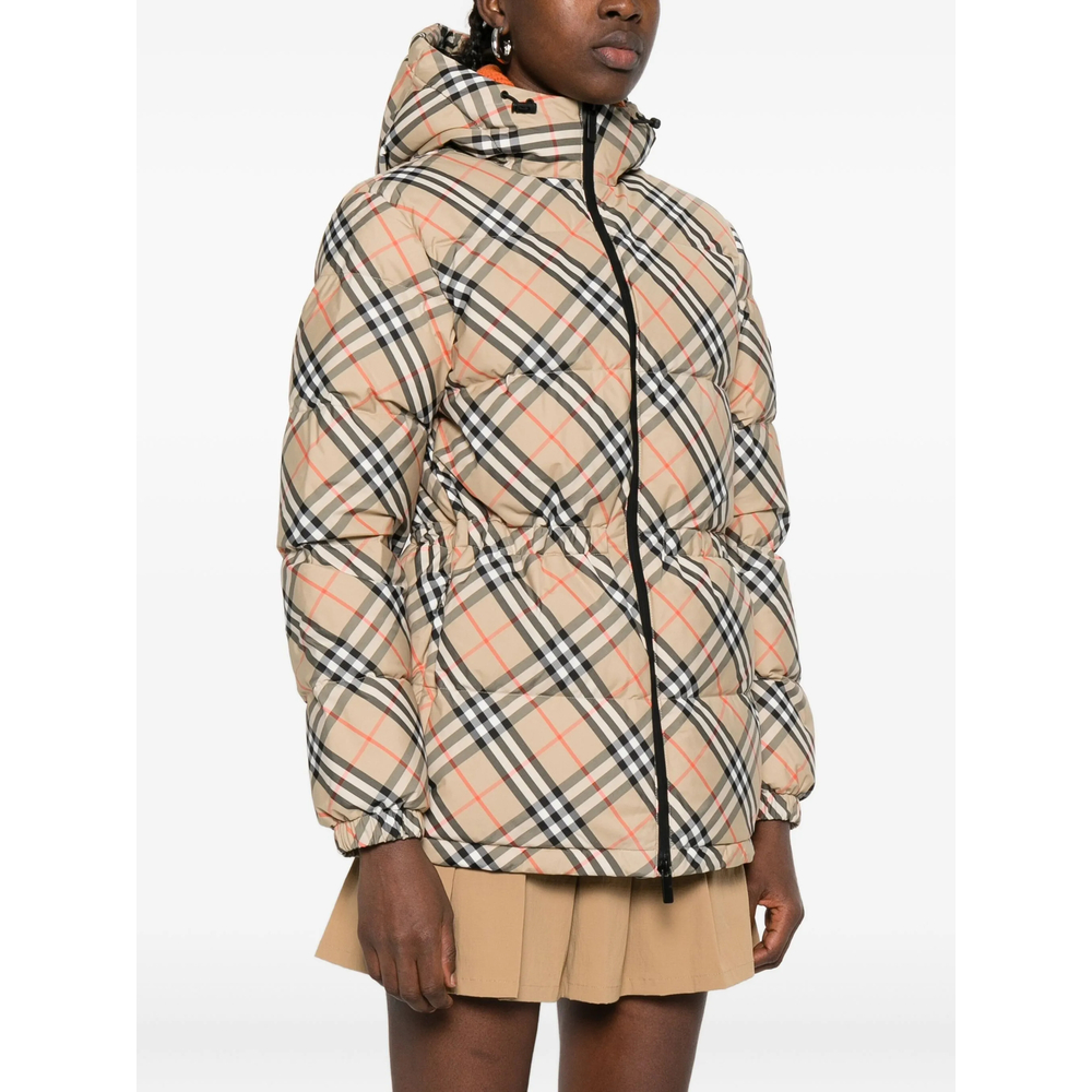 Check Nylon Hooded Puffer Jacket