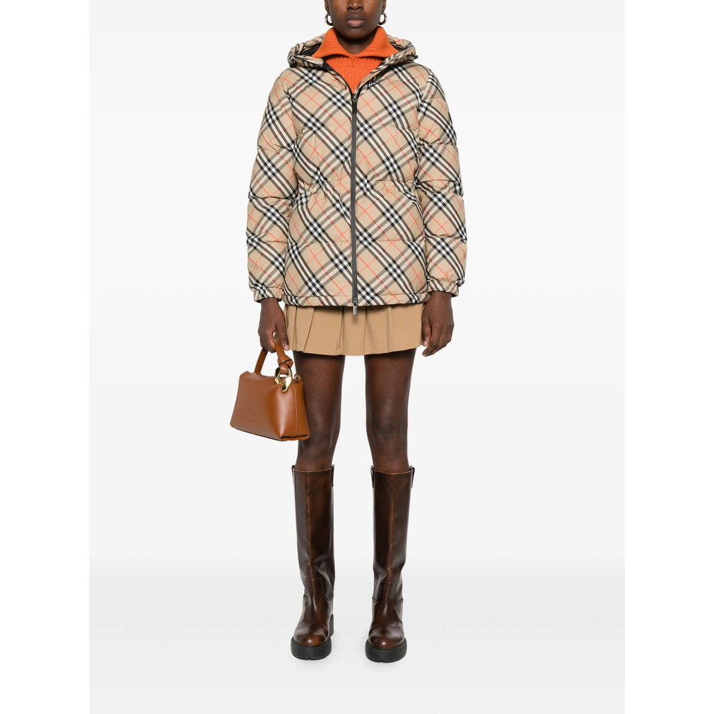 Check Nylon Hooded Puffer Jacket
