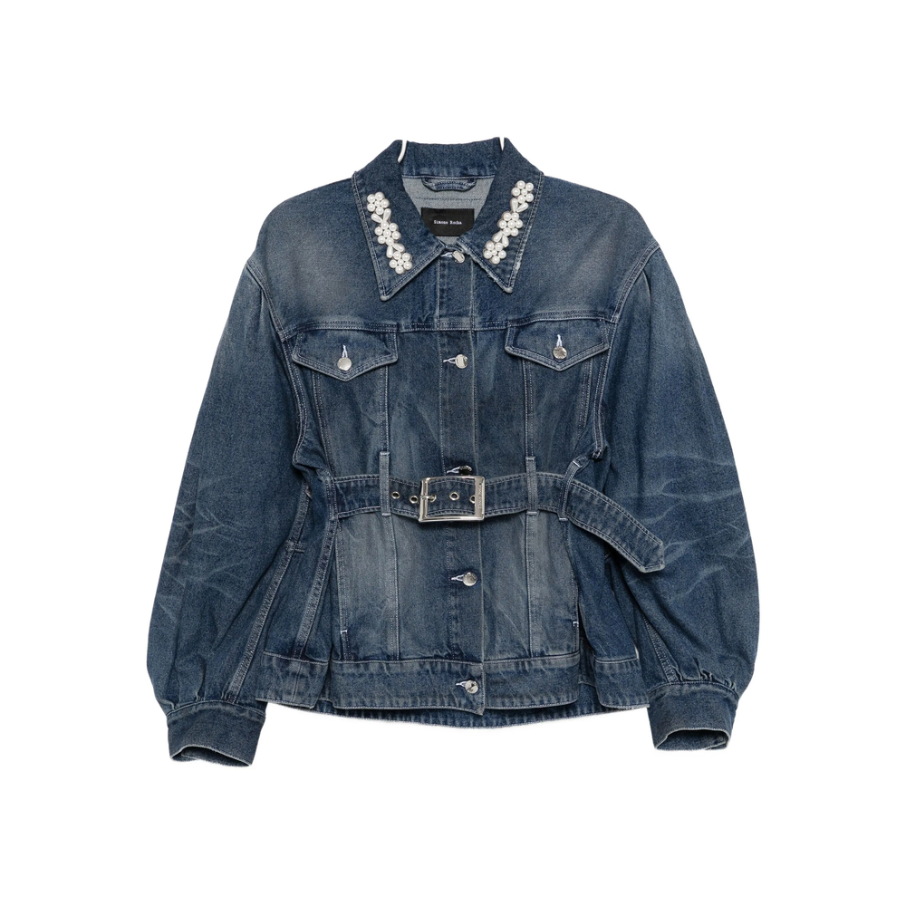 Simone Rocha Pearl-embellished Belted Denim Jacket