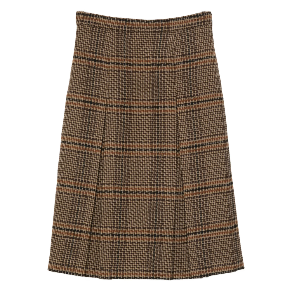Saint Laurent Pleated Check Midi Skirt In Brown
