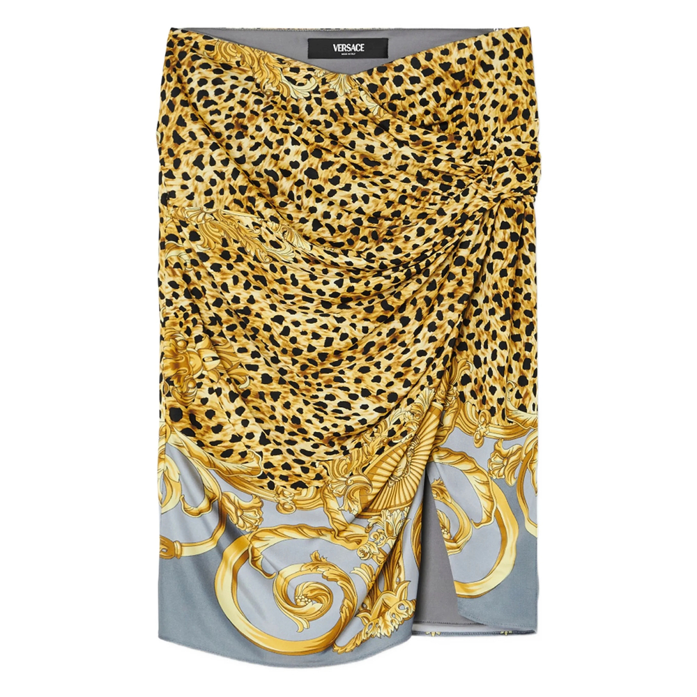 Versace Cheetah Foulard Draped Midi Skirt