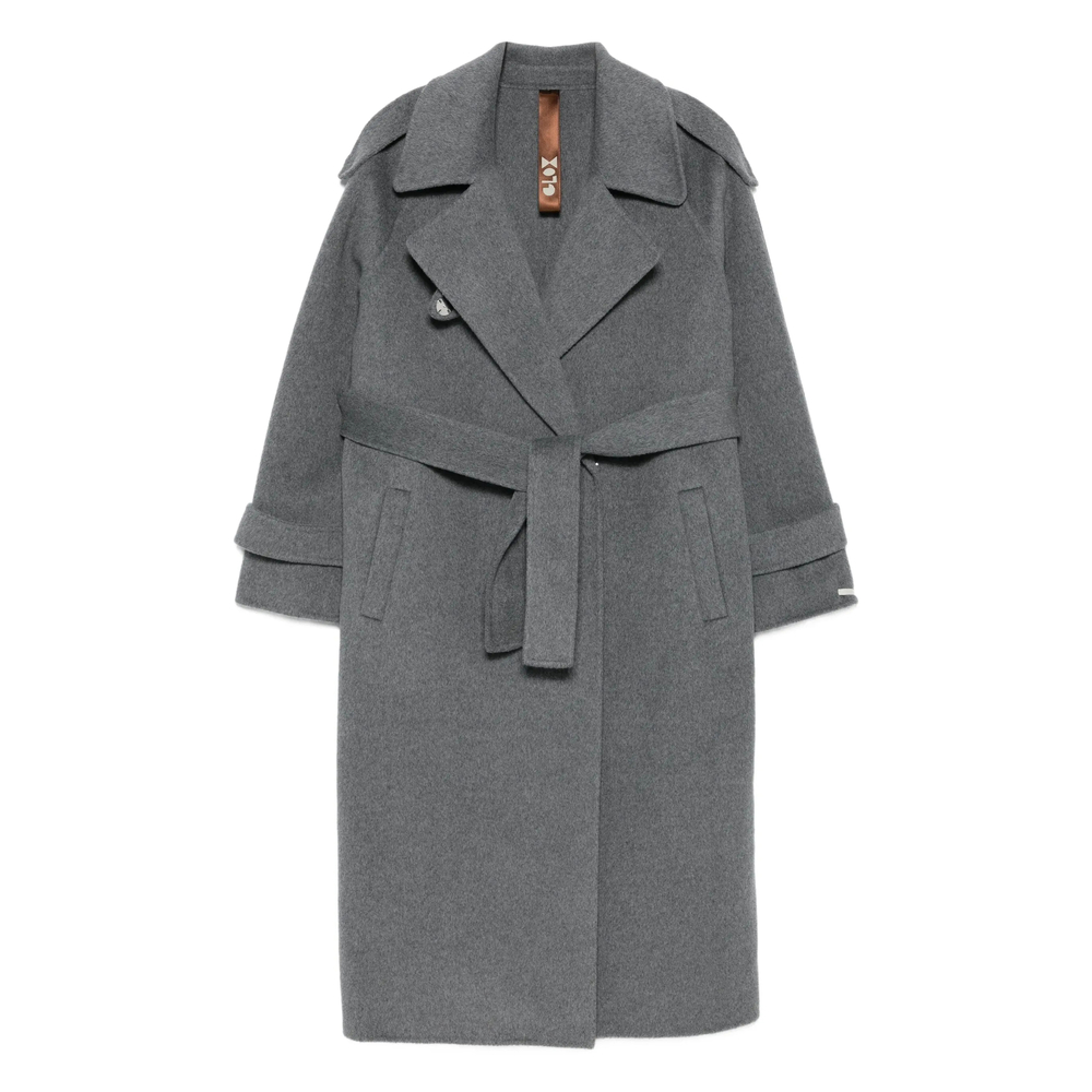 Glox Belted Long-sleeve Coat In Gray