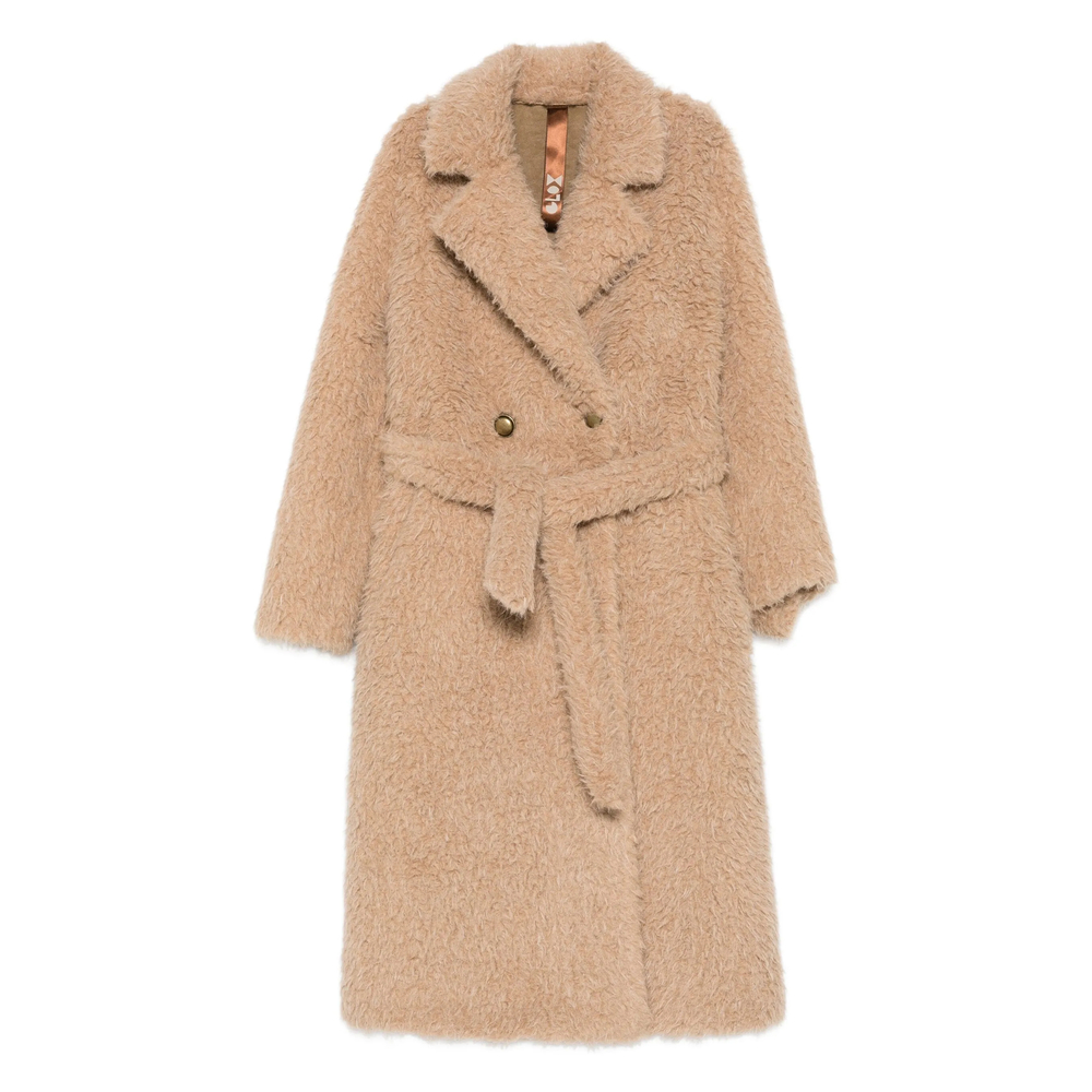 Glox Double-breasted Belted Coat In Neutral