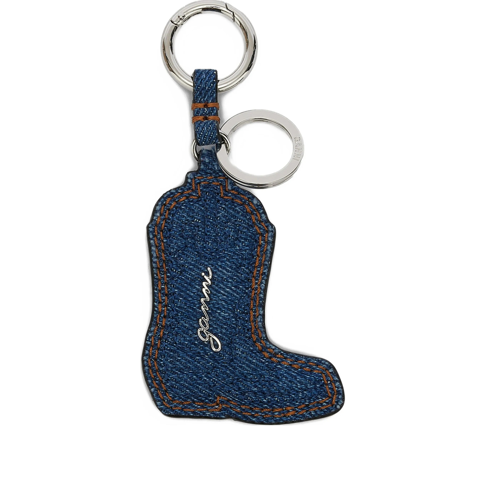 Ganni Western Boot Keyring In Denim