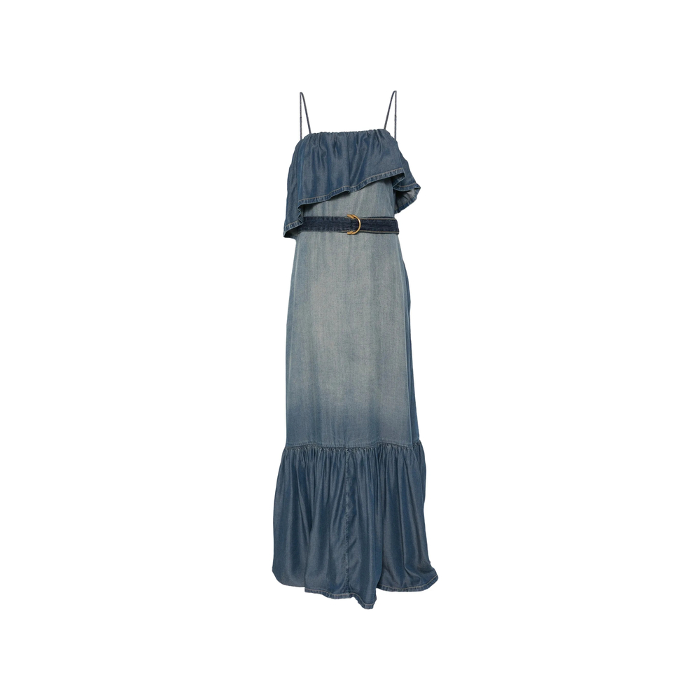 Pinko Ruffled Belted Denim Maxi Dress
