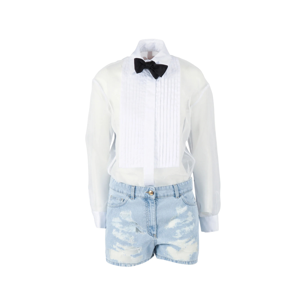 Elisabetta Franchi Denim And Organza Romper Suit With Bow Tie