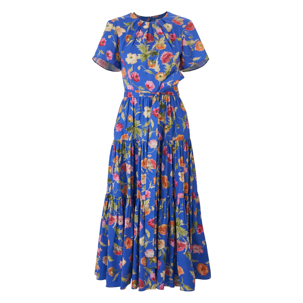 Carolina Herrera Poppy-print Tiered Midi Dress With Sash