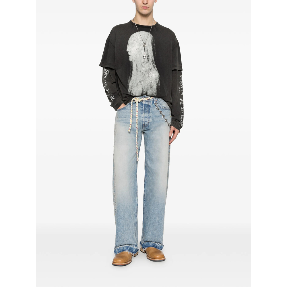 Embellished-Detail Frayed Jeans