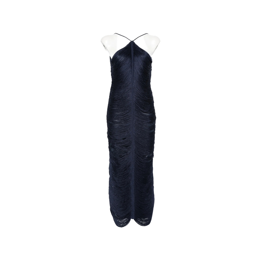 Bless Jade Fringed Halterneck Midi Dress In Blue