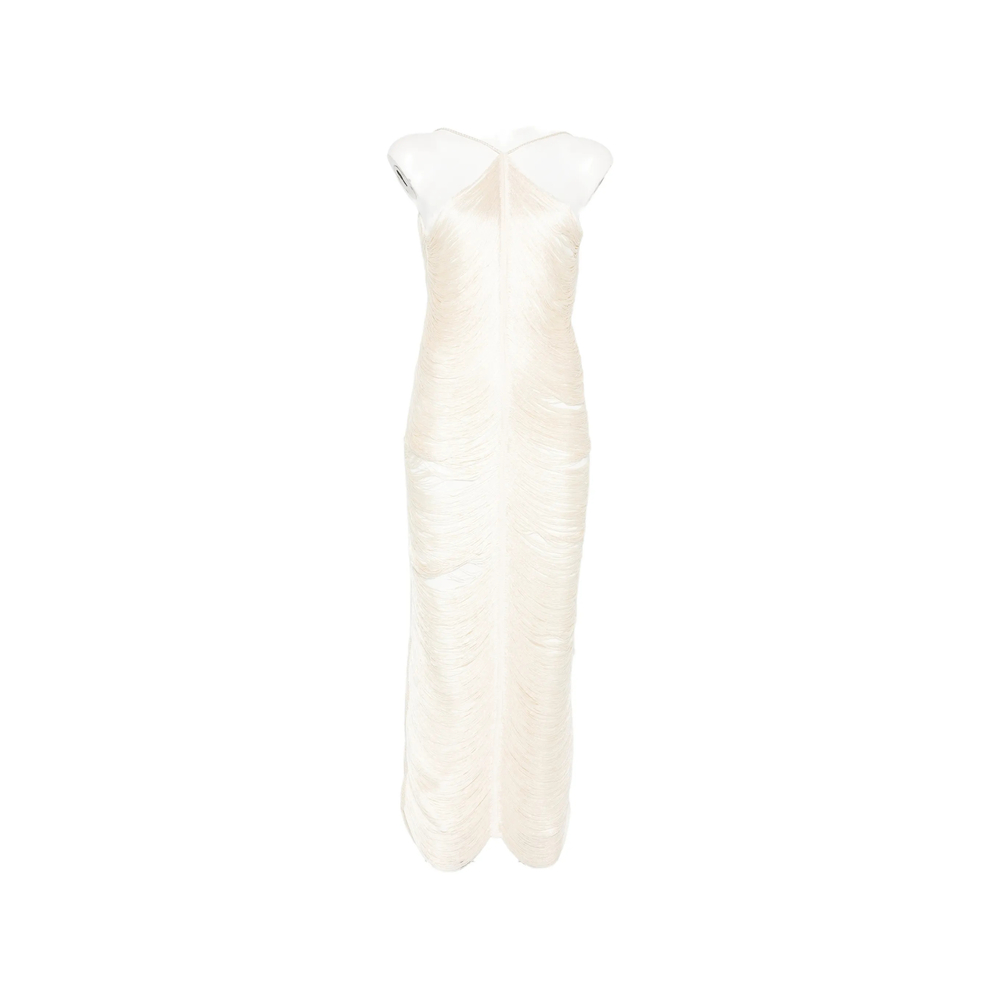 Bless Jade Fringed Halterneck Dress In White