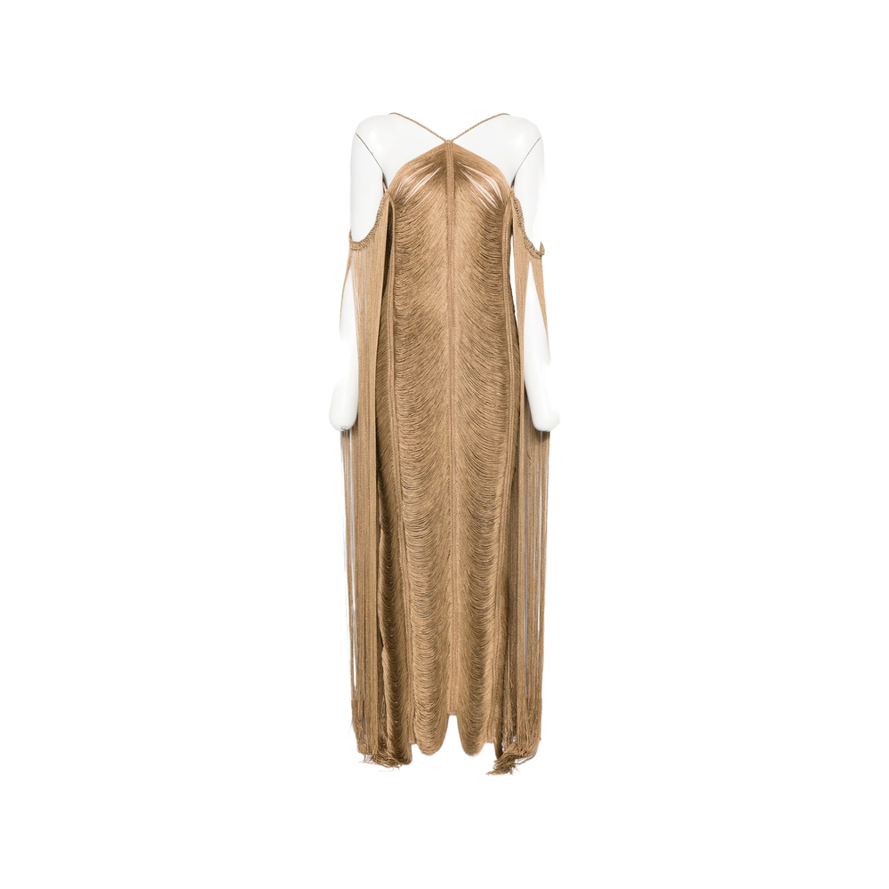 Bless Pelta Fringed Halterneck Dress In Neutral