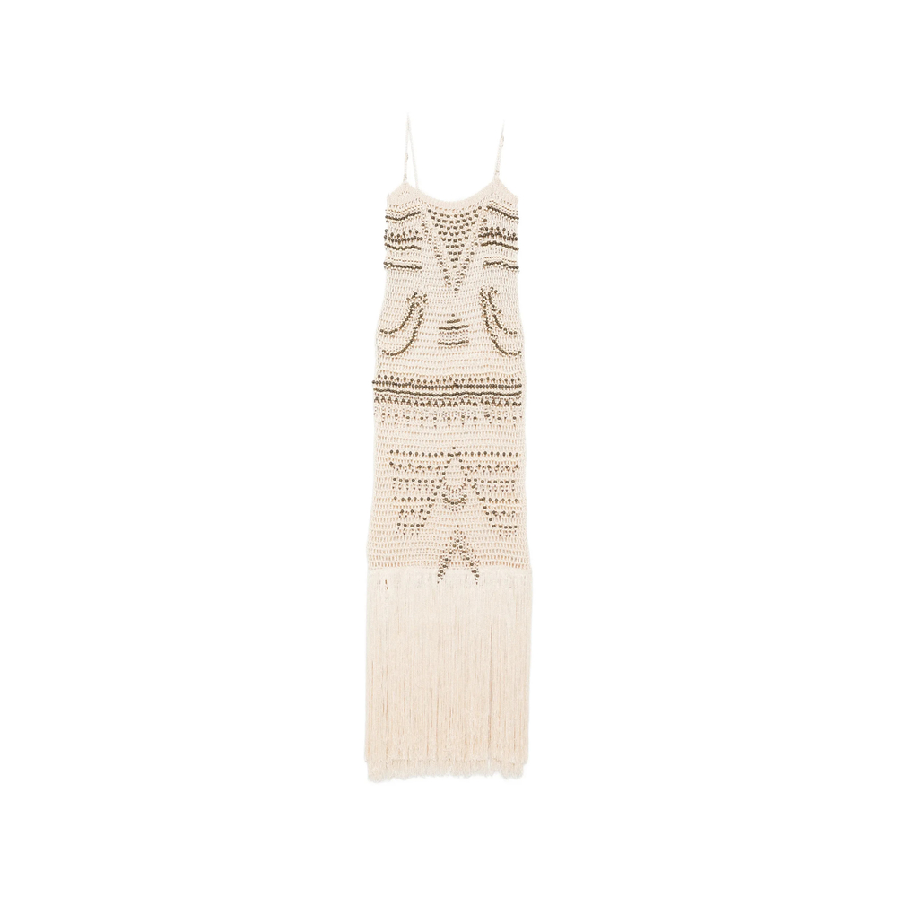 Bless Takara Bead-embellished Fringed Maxi Dress In Neutral
