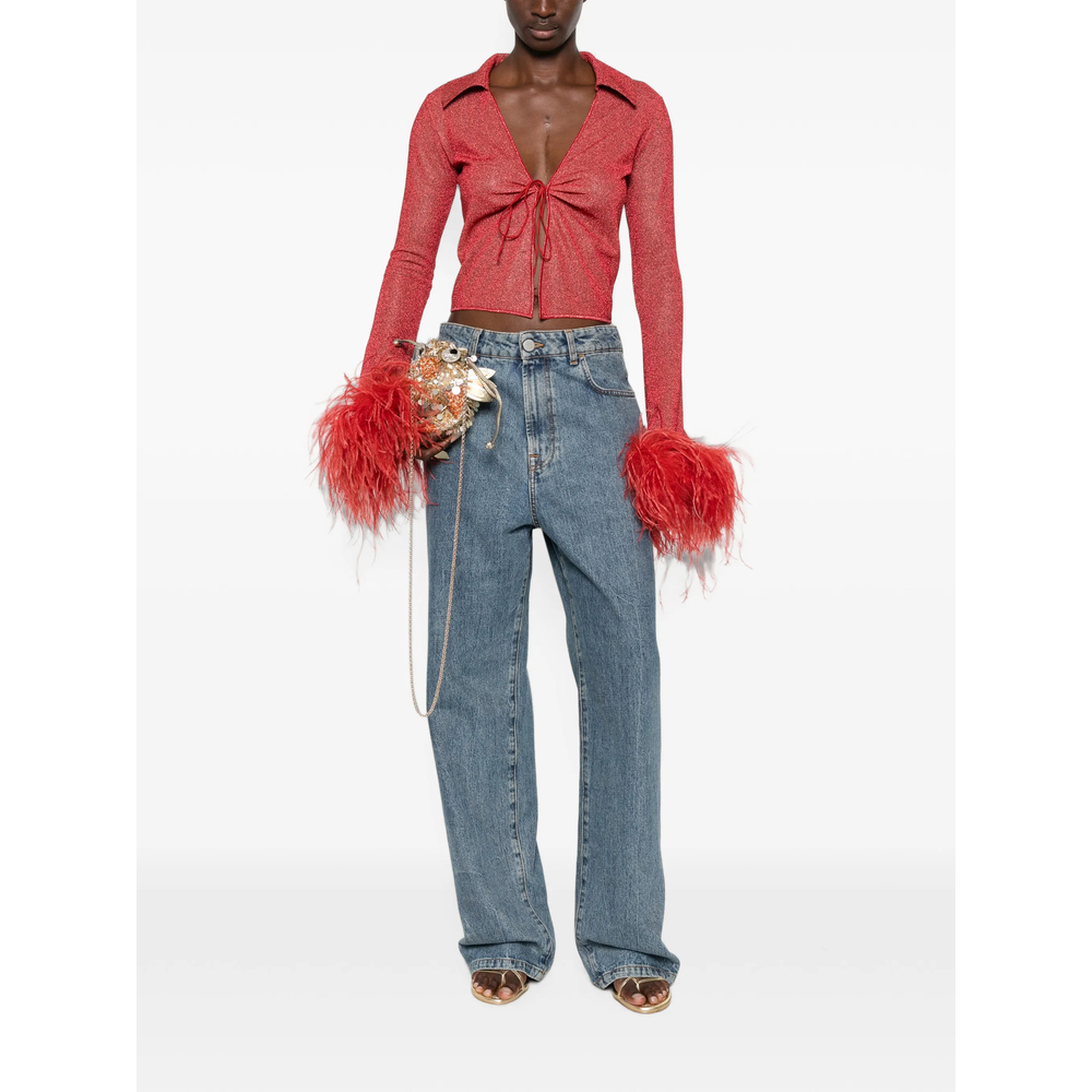 Oséree Feather-Trimmed Metallic-Thread Top