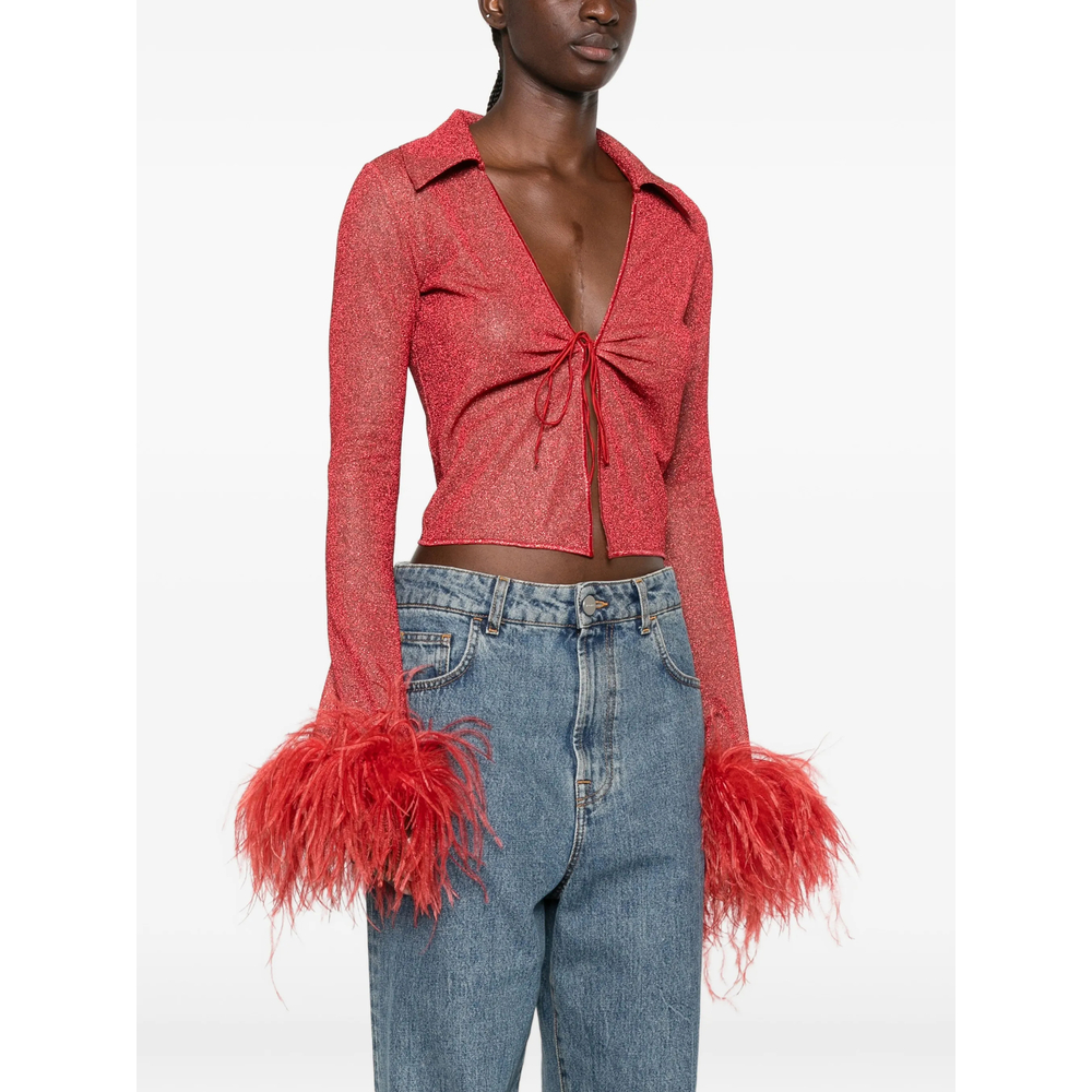 Oséree Feather-Trimmed Metallic-Thread Top