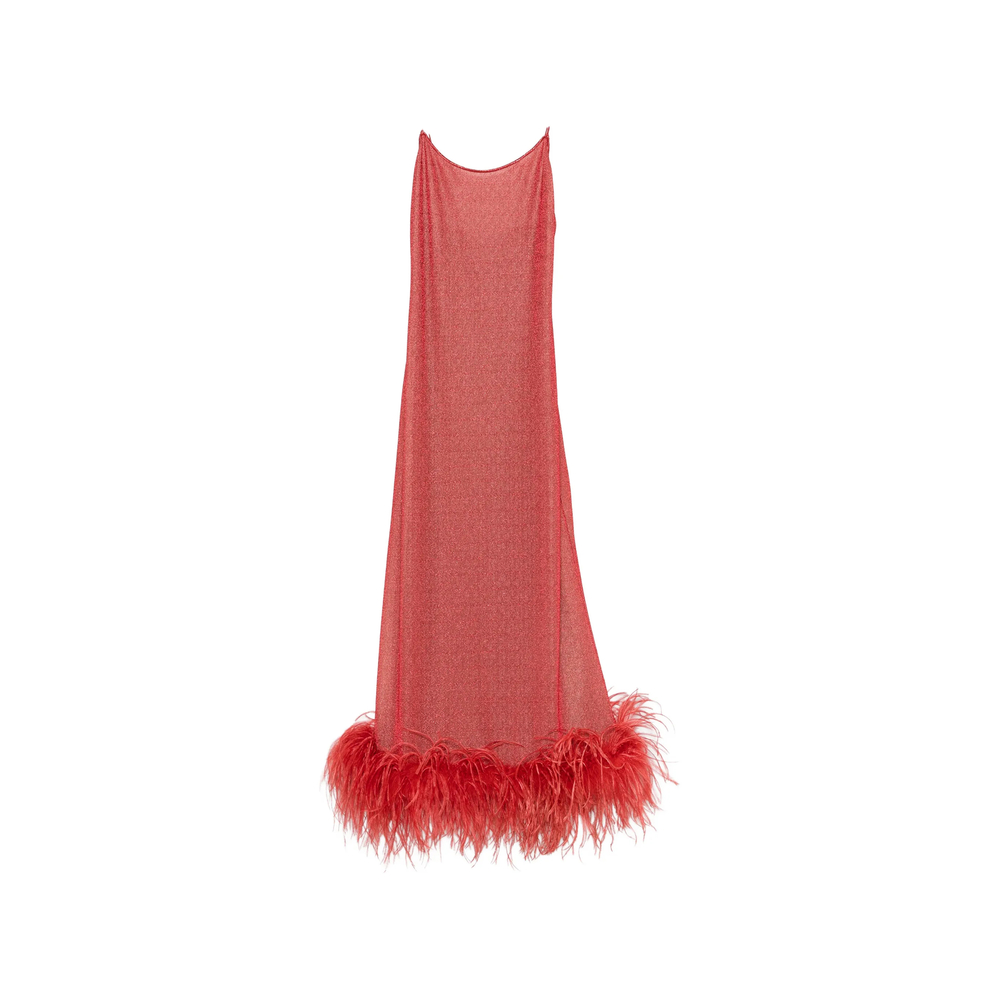 Oseree Lumière Plumage Feather-trim Maxi Dress In Pink