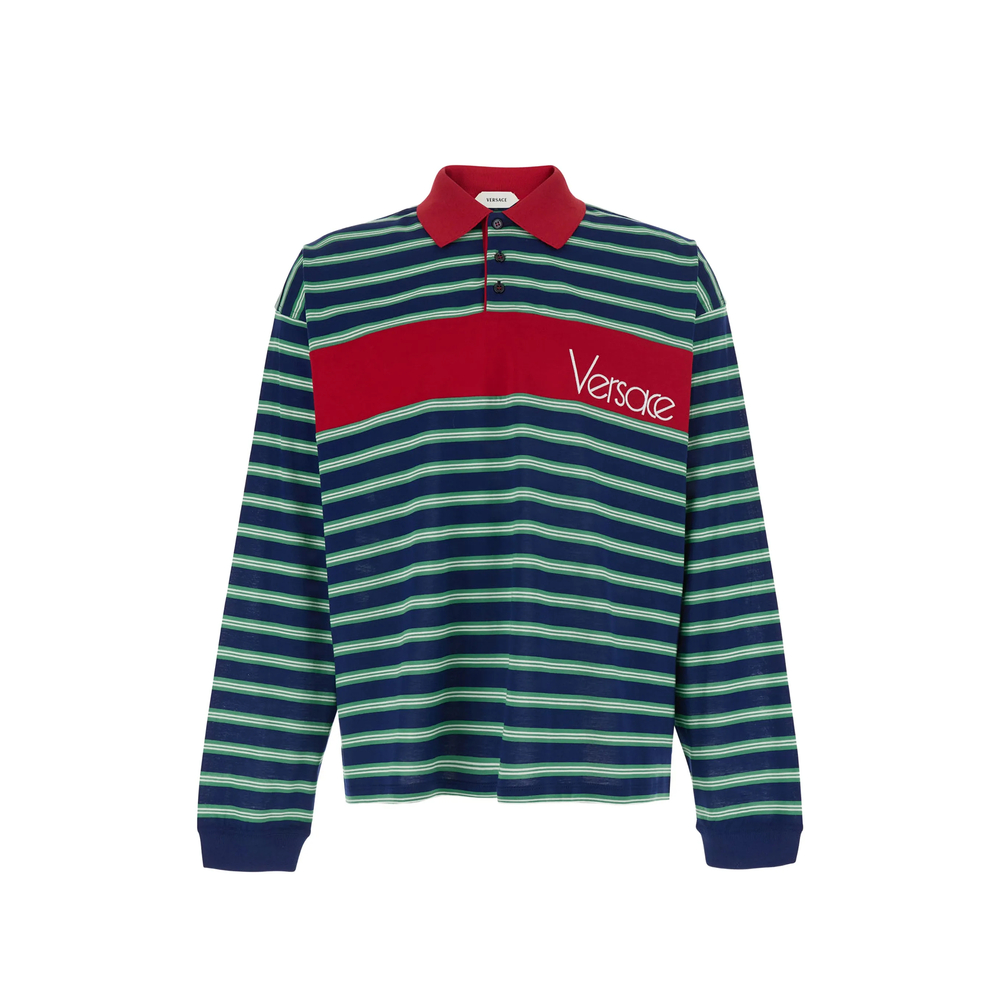 Versace Embroidered Logo Striped Intarsia Cotton Polo