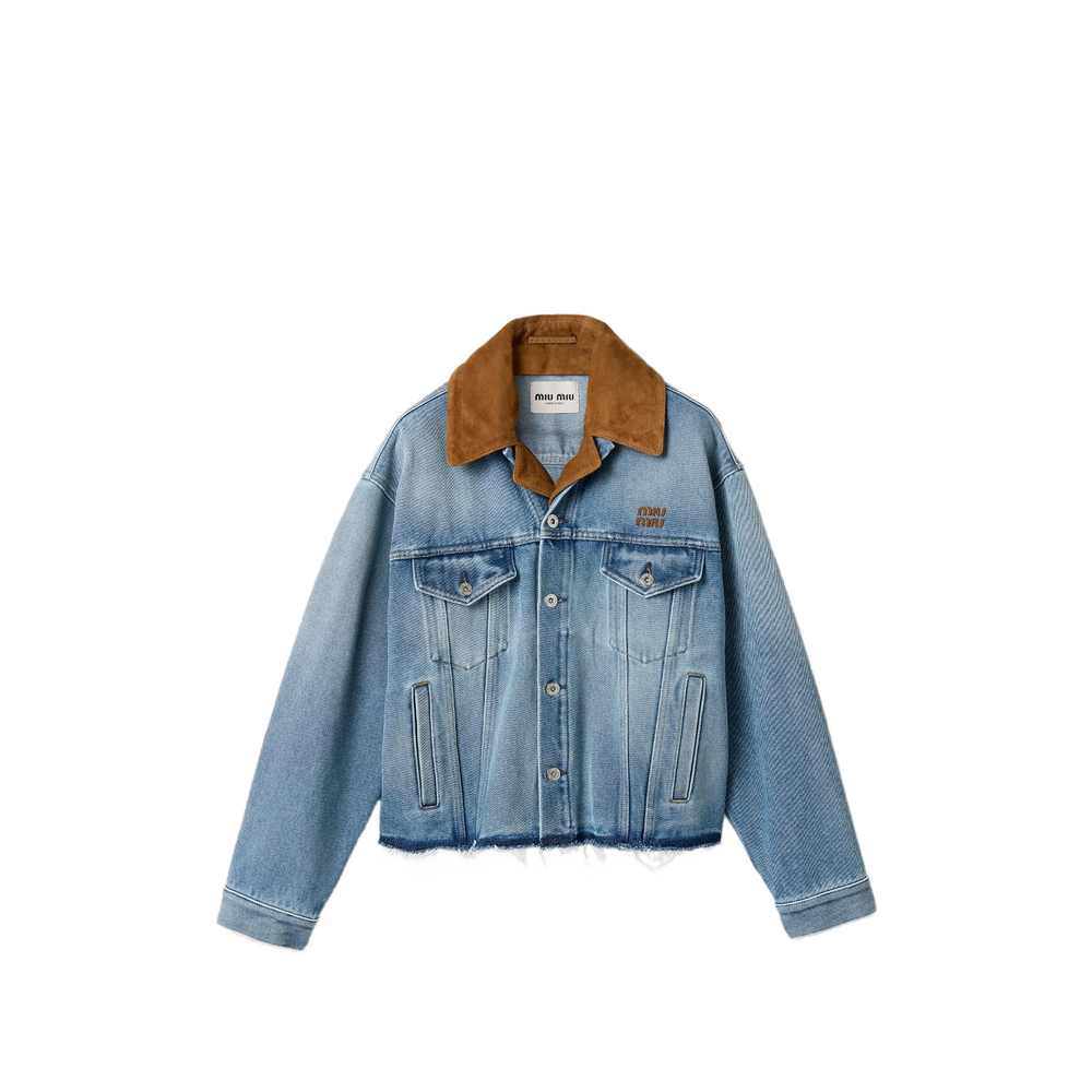 Miu Miu Leather-collar Raw-hem Denim Jacket