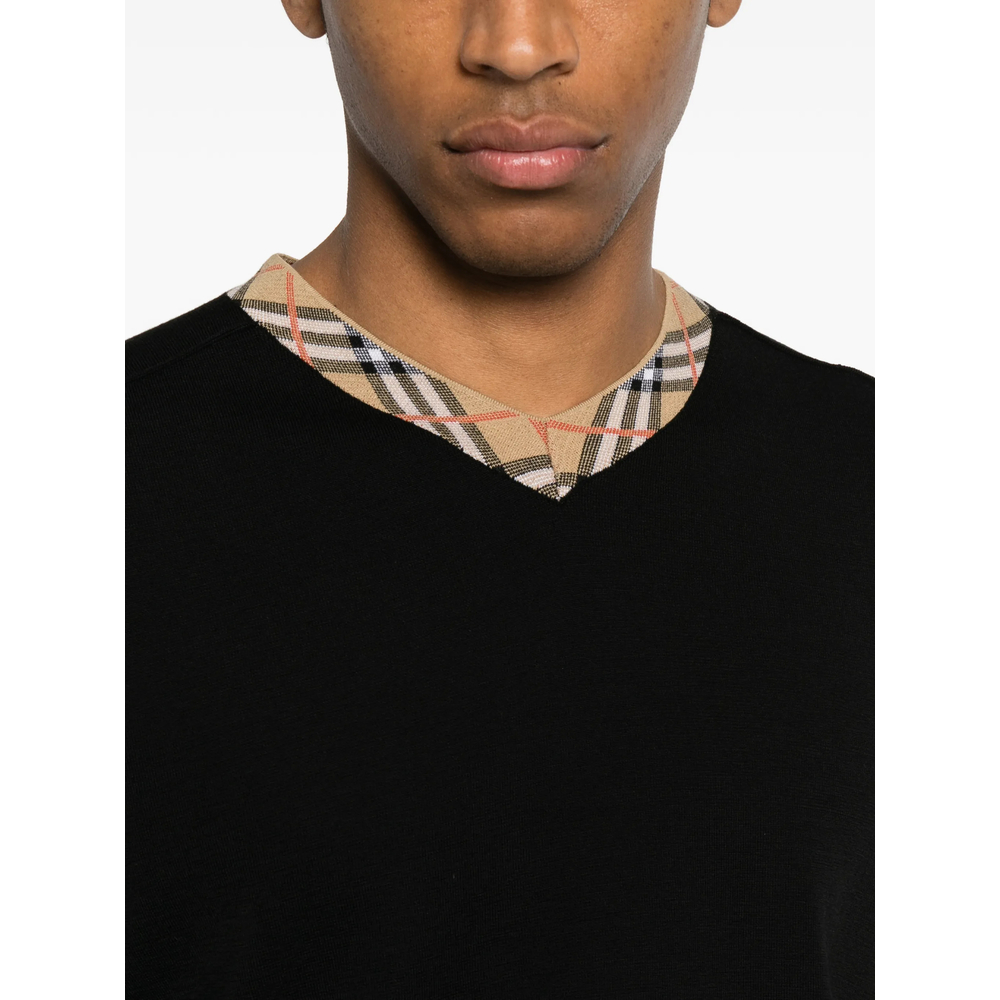 Check-Trim V-Neck Sweater