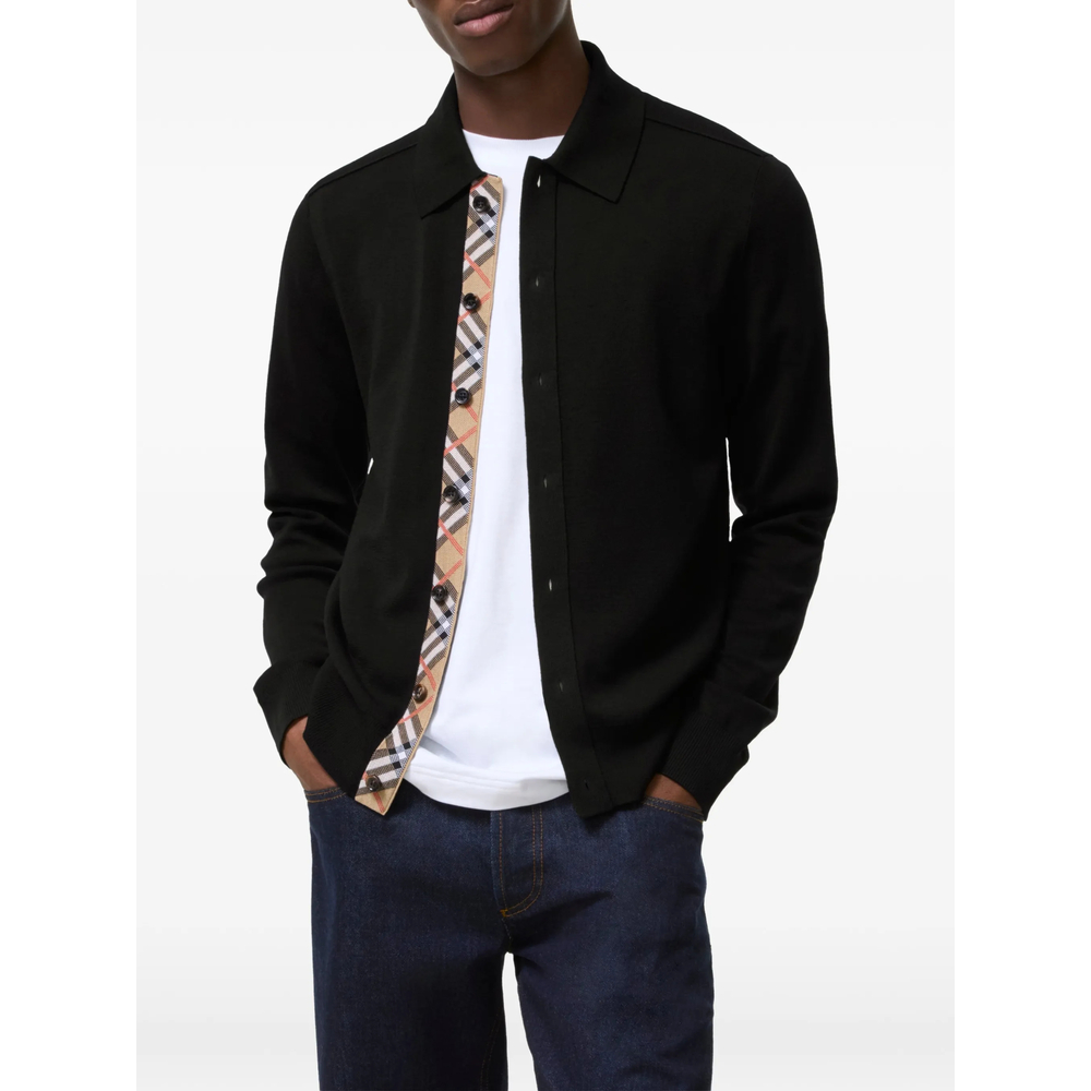 Check-Trim Button-Up Sweater
