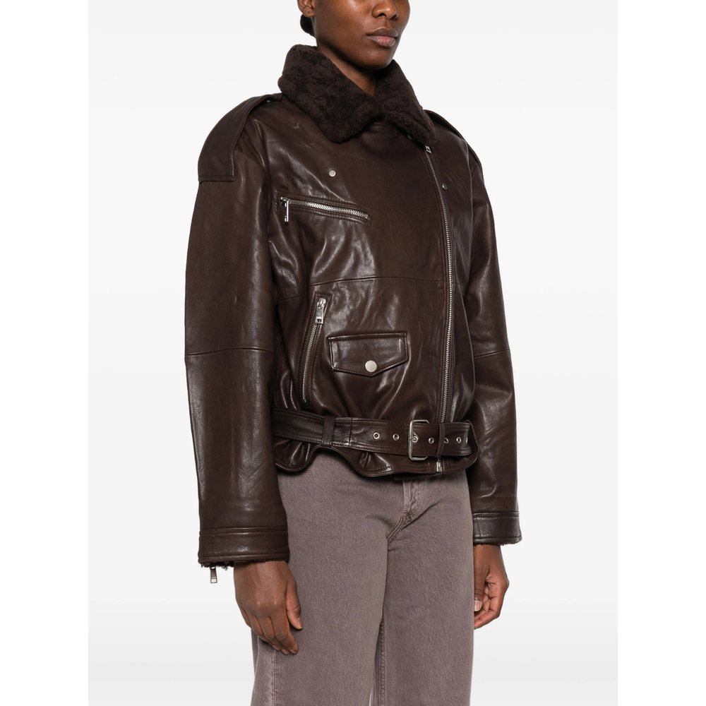 Belted Shearling-Collar Jacket