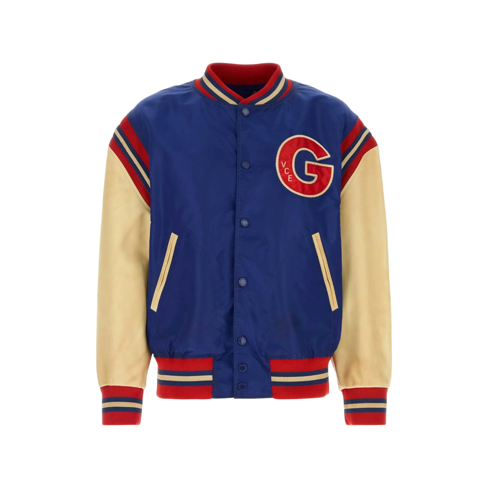 Golden Goose Blue Varsity Bomber Jacket With Beige Leather Sleeves