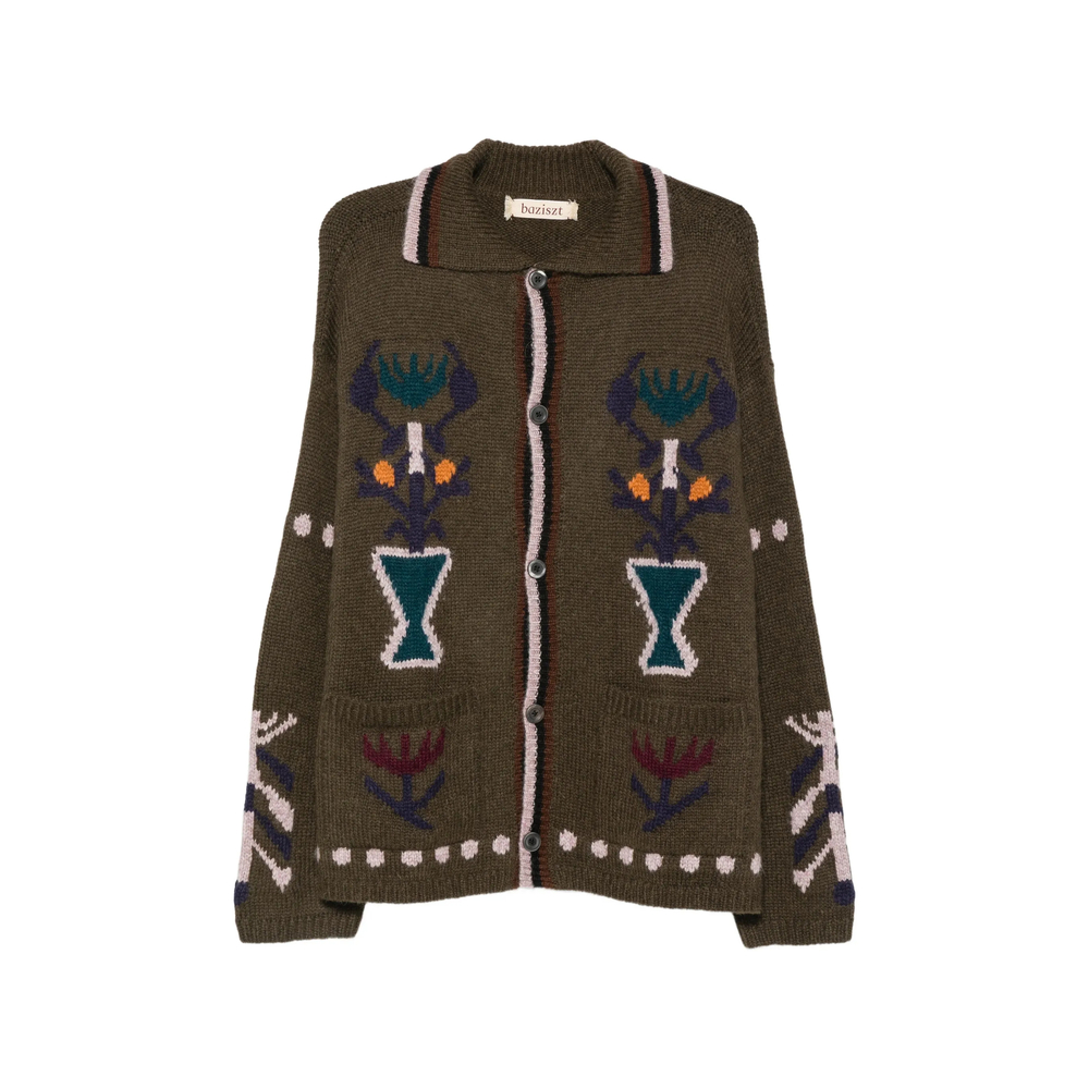 Intarsia-Knit Button-Up Cardigan