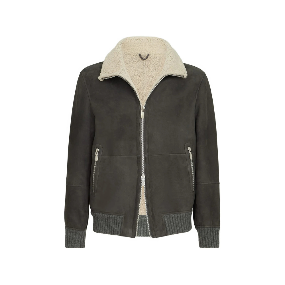 Brunello Cucinelli Suede Curly Shearling Bomber Jacket