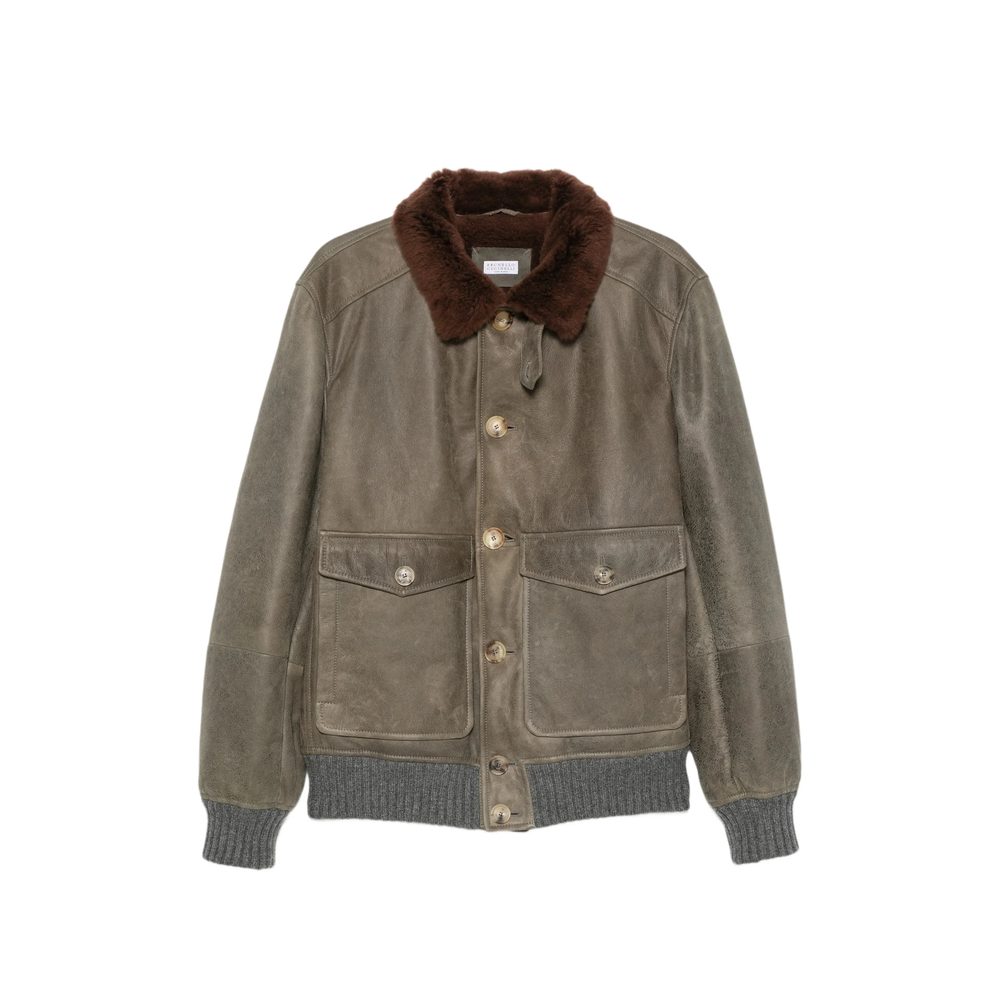 Brunello Cucinelli Waxed Shearling Bomber Jacket With Shearling Collar