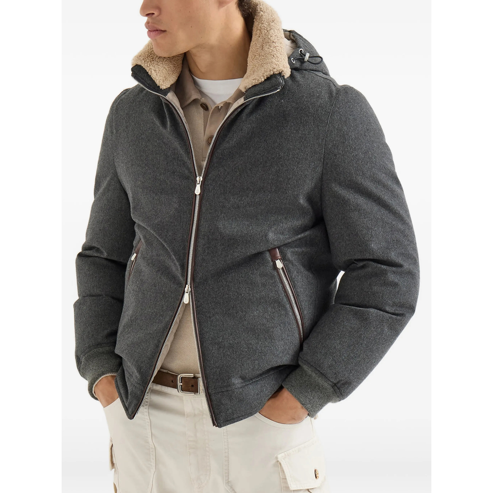 Bonded Wool Flannel Down Jacket With Detachable Hood