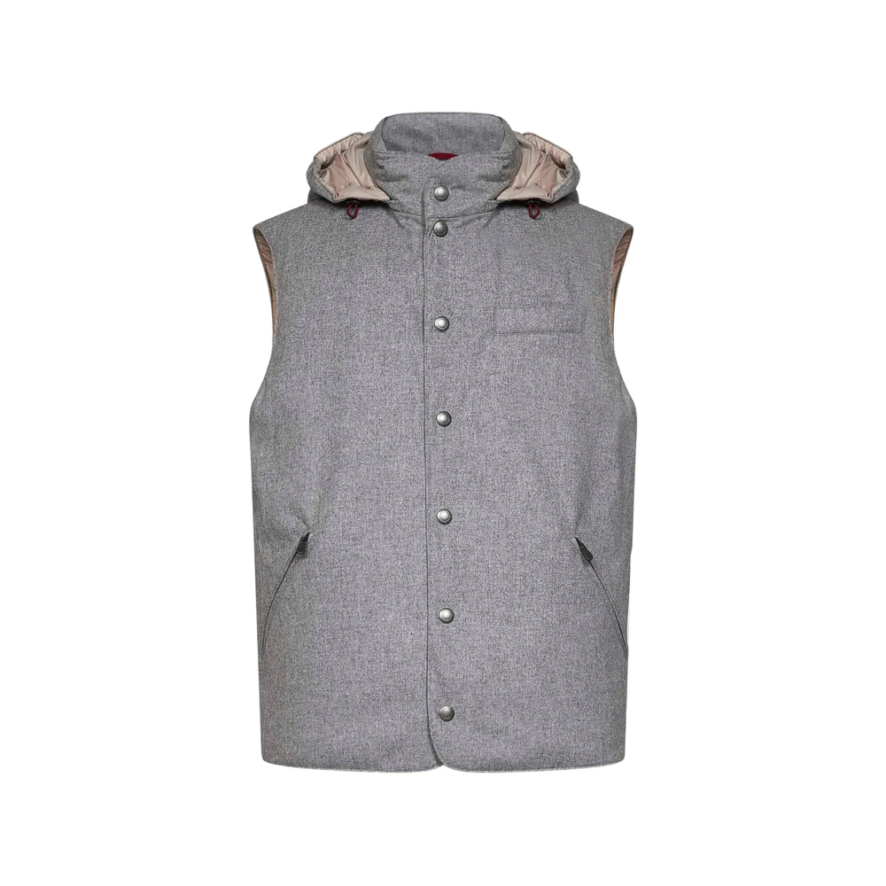 Brunello Cucinelli Bonded Wool Flannel Down Vest With Detachable Hood