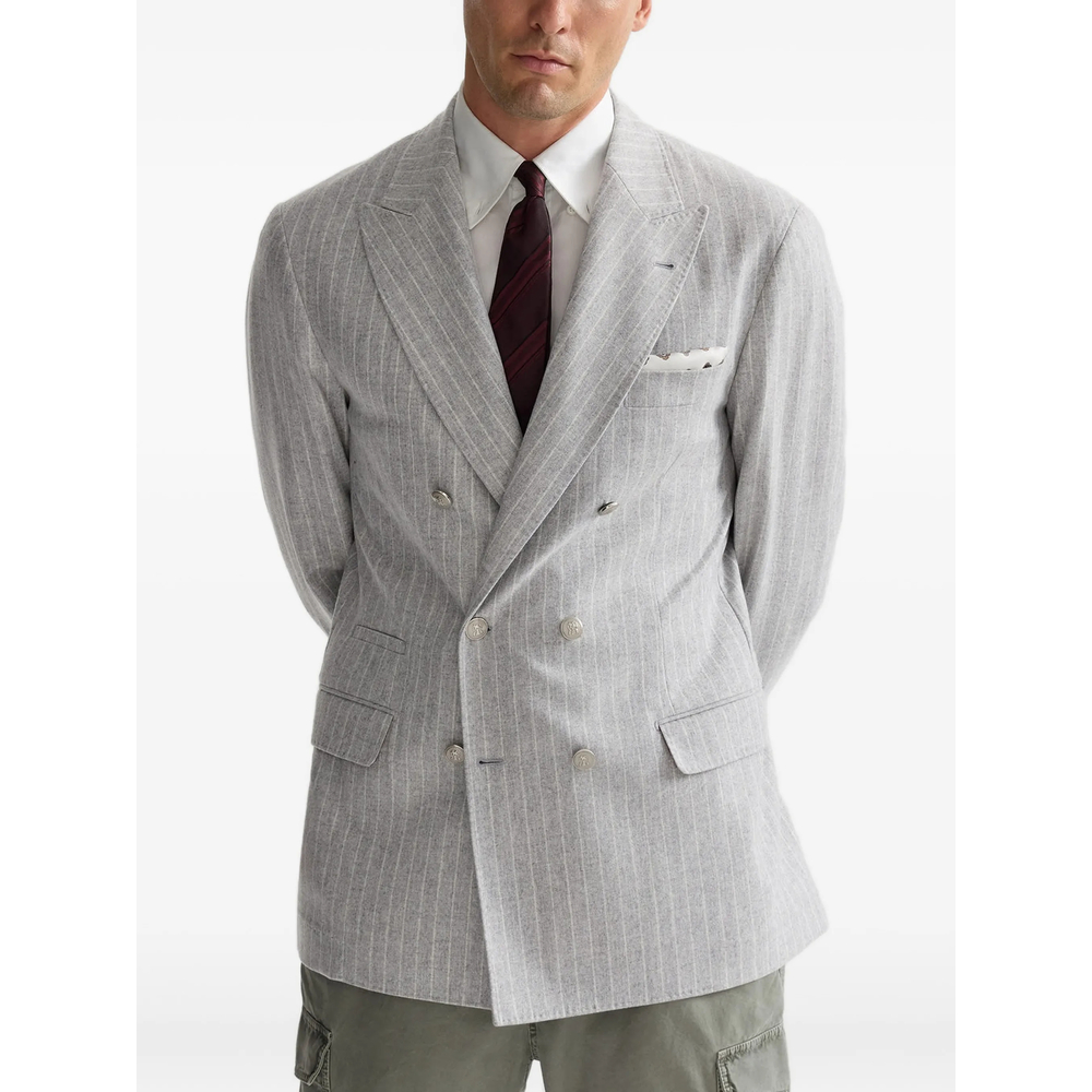 Virgin Wool And Cashmere Chalk Stripe Flannel One-And-A-Half Breasted Deconstructed Blazer