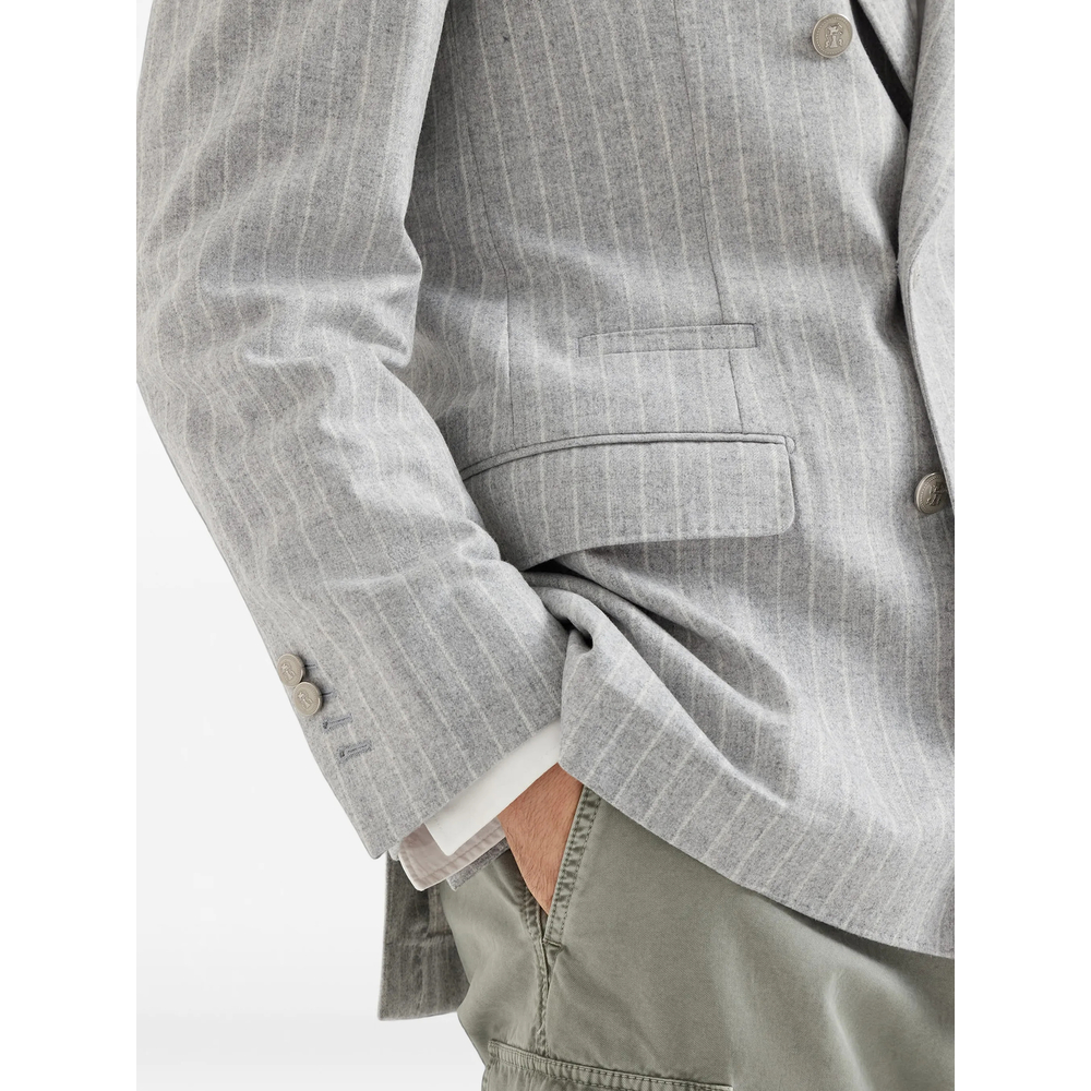 Virgin Wool And Cashmere Chalk Stripe Flannel One-And-A-Half Breasted Deconstructed Blazer