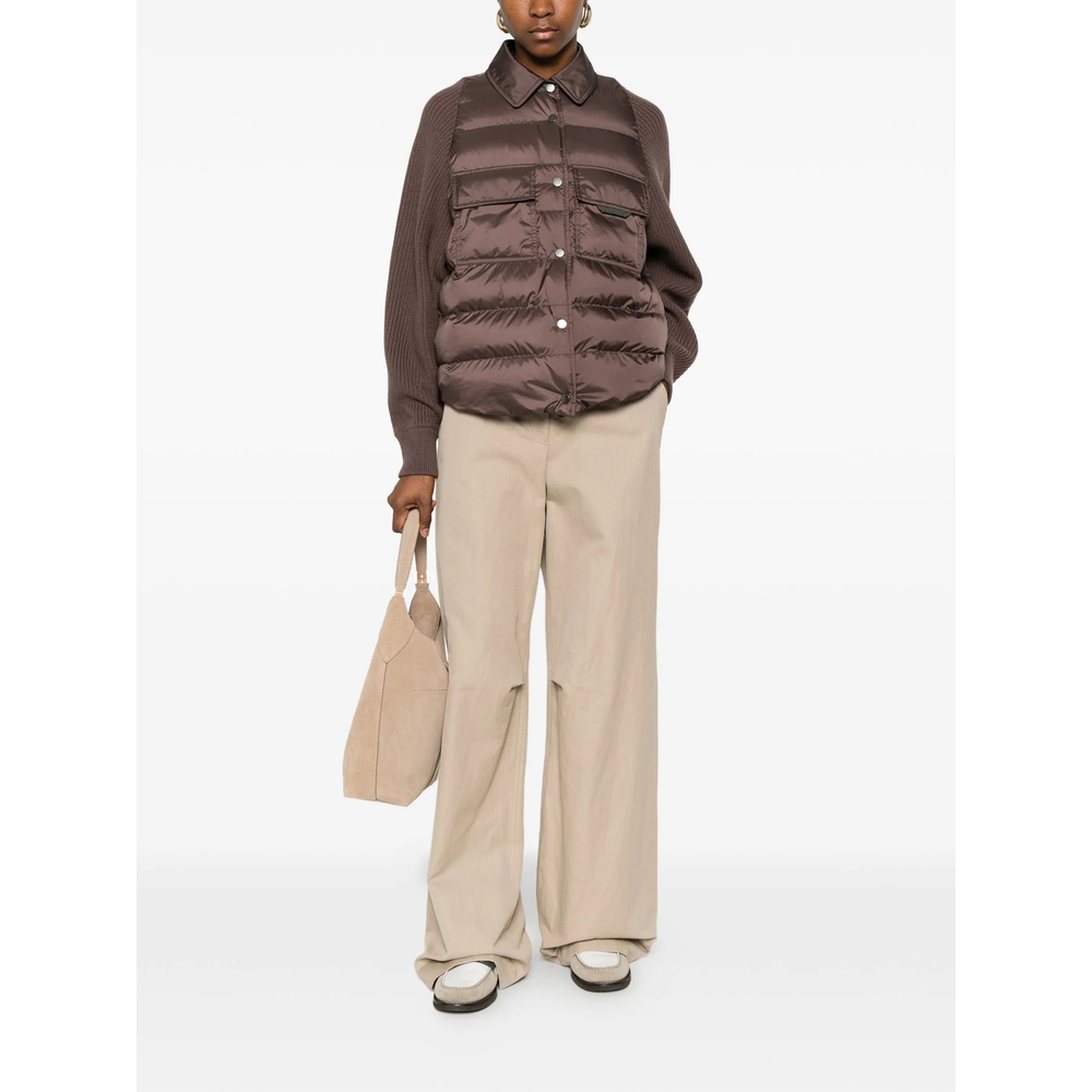 Quilted-Panel Knit-Sleeve Jacket