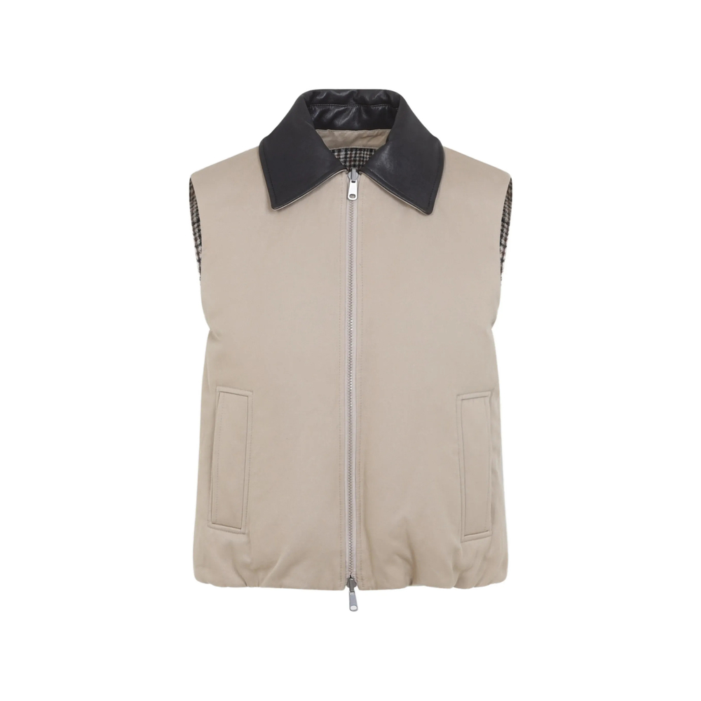 Brunello Cucinelli Twill And Prince-of-Wales Reversible Down Vest With Detachable-leather-collar And Monili