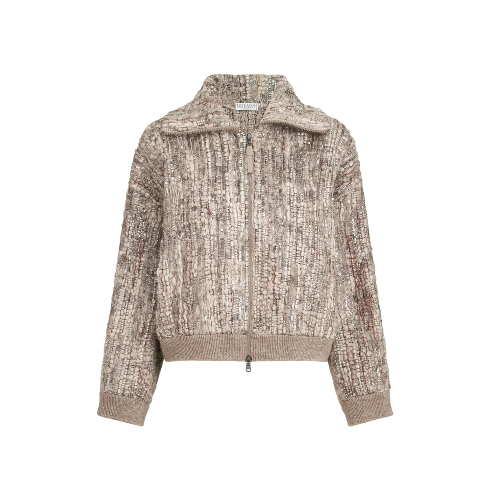 Brunello Cucinelli Dazzling Tree Bark Embroidery Cardigan In Mohair And Wool In Multi