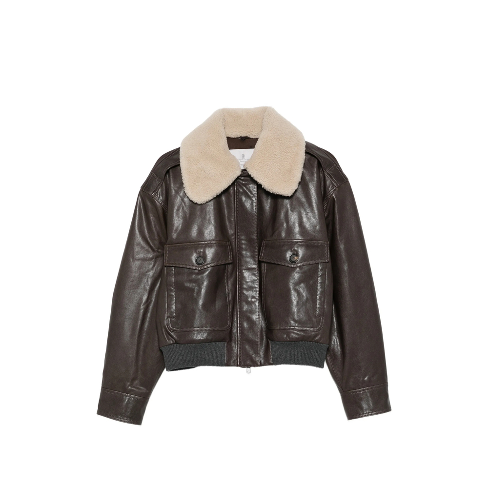 Brunello Cucinelli Polished Nappa Leather Jacket With Detachable Shearling Collar And Monili