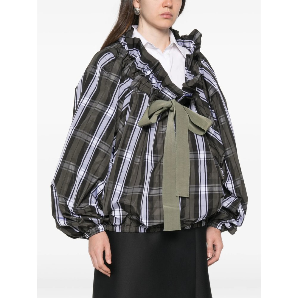 Scoop-Neck Check Ruffled Blouse