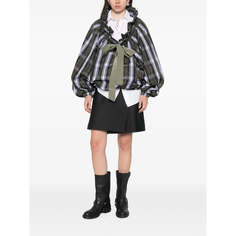 Scoop-Neck Check Ruffled Blouse