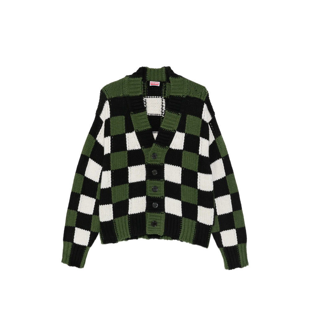 Checkered Intarsia-Knit Cardigan