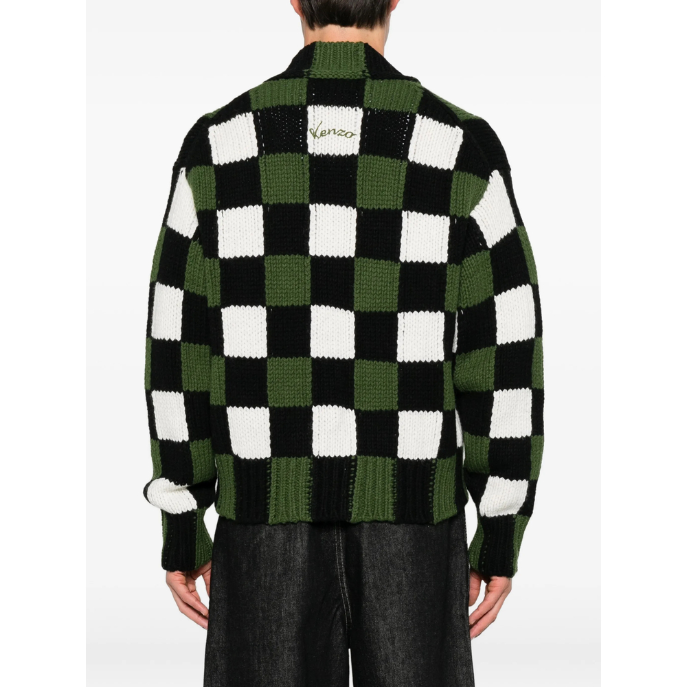 Checkered Intarsia-Knit Cardigan